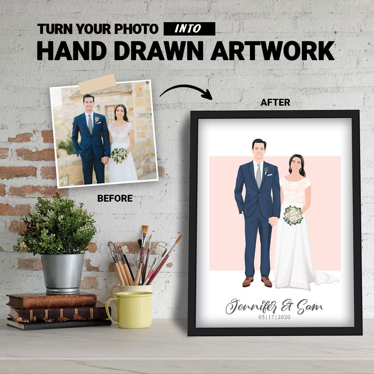 Personalized Wedding Couple Illustration Portrait - Luxtopaz